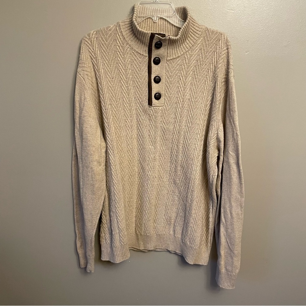 HAGGAR Herringbone Button Mock Neck Sweater size XL academia grandpa core